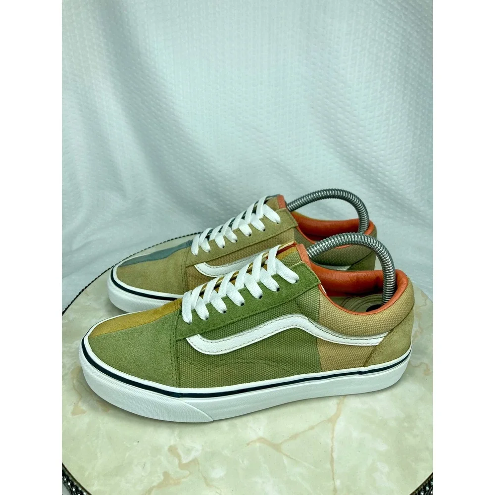 Vans Multi Color Block Skater Shoes Women 8.5 Green Tan Patchwork Retro Sneakers